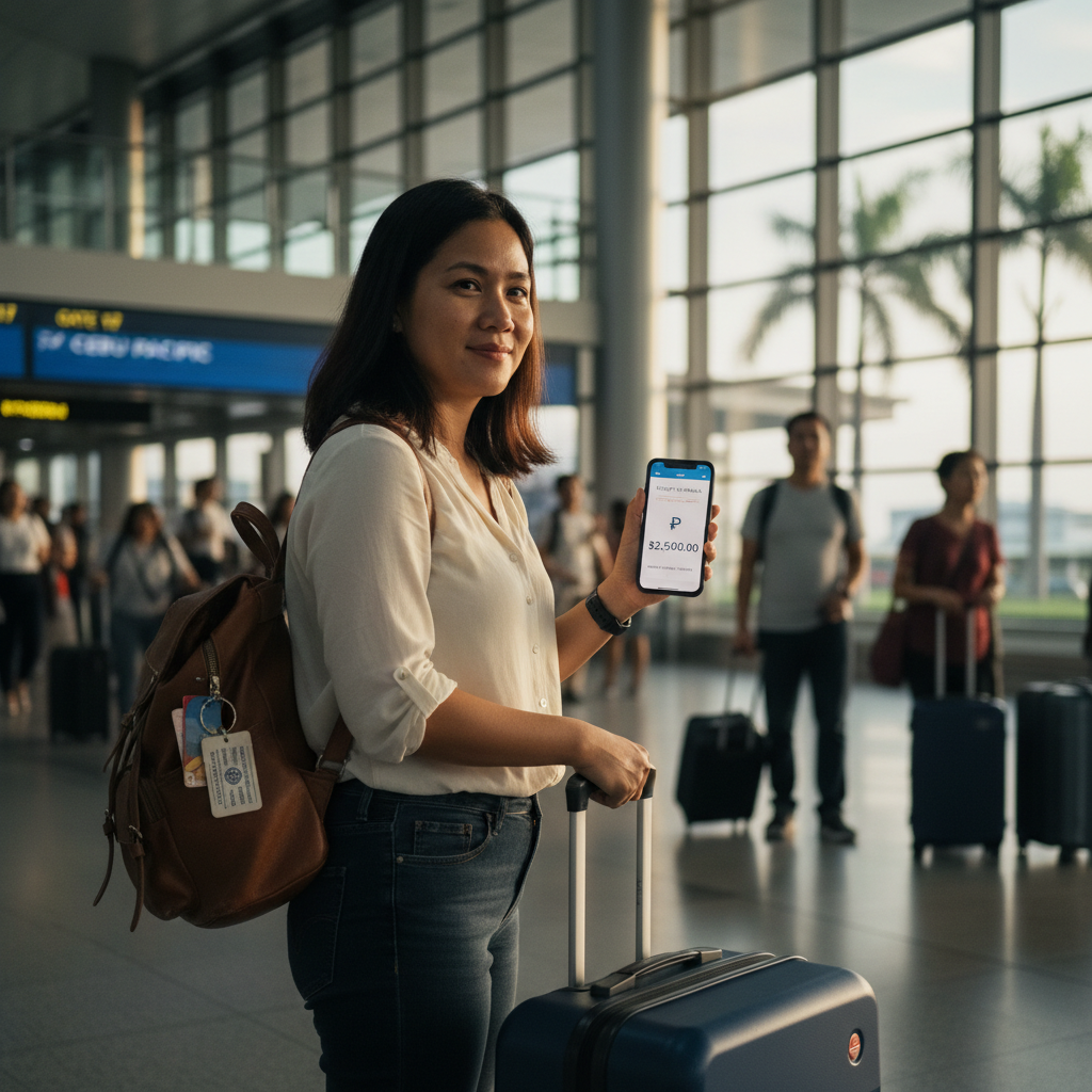 Filipino traveler at NAIA terminal during golden hour
